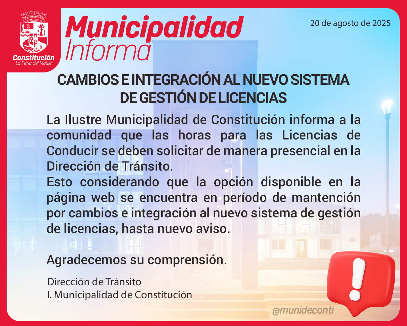 Municipalidad Informa: las horas para Licencias de Conducir se deben solicitar de manera presencial en la Dirección de Tránsito